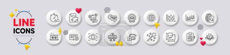 Dot plot, Inspect and Justice scales line icons. White buttons 3d icons. Pack of Timer, Magic wand, Video conference icon. Floor plan, Sharing economy, Facts pictogram. Vector