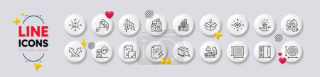 Illustration for Search package, Open door and Power certificate line icons. White buttons 3d icons. Pack of Gas station, Circle area, Get box icon. Square area, Petrol station, Buildings pictogram. Vector - Royalty Free Image
