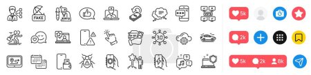 Feedback, Online rating and Phone warning line icons pack. Social media icons. Rent car, Software bug, Car web icon. Gps, Star, Text message pictogram. Third party, Cursor, Charging app. Web3. Vector
