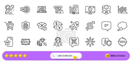 Web inventory, Currency exchange and Text message line icons for web app. Pack of Diagram chart, Keys, Shield pictogram icons. Global business, Vip phone, Fuel price signs. Seo. Search bar. Vector