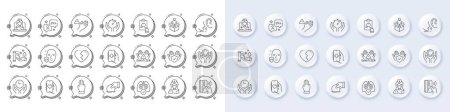 Illustration for Employee hand, Nurse and Lungs line icons. White pin 3d buttons, chat bubbles icons. Pack of Telemedicine, Three fingers, Donate icon. Dating app, Dont touch, Timer pictogram. Vector - Royalty Free Image