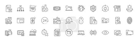 Scroll down, Chemistry flask and Certificate line icons. Pack of Seo message, Blocked card, Cyber attack icon. Fingerprint, Recovery computer, Wholesale goods pictogram. Recovery cloud. Vector