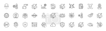 Illustration for Face detect, Covid app and Shield line icons. Pack of Thermometer, Dirty mask, World vaccination icon. Niacin, Face recognition, Boron mineral pictogram. Coronavirus pills, 24 hours. Vector - Royalty Free Image