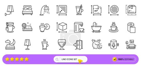 Teetasse, Weck- und Kaffeemaschinen-Symbole für Web-App. Packung Kissen, Eingang, Piktogramme für Kaffeepausen. Badewanne, Wandlampe, Weinglasschilder. Nachtmatratze, quadratische Fläche. Suchleiste. Vektor