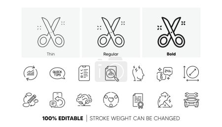 Illustration for Co2 gas, Update data and Scissors line icons. Pack of Car, Phone message, Stress icon. Info, Interview, Circle area pictogram. Inclusion, Quickstart guide, Keywords. Stress protection. Vector - Royalty Free Image