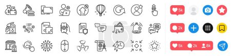 Illustration for App settings, Change money and Air balloon line icons pack. Social media icons. Computer, Loan percent, Burger web icon. Text message, Best friend, Petrol station pictogram. Vector - Royalty Free Image