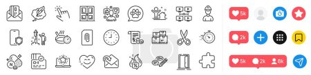 Illustration for Cut, Medical prescription and Receive mail line icons pack. Social media icons. Hot offer, Smile chat, Card web icon. Best laptop, Attachment, Frying pan pictogram. Vector - Royalty Free Image