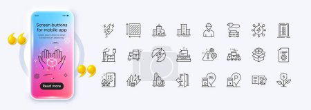 Factory, Square area and Hold box line icons for web app. Phone mockup gradient screen. Pack of Inspect, Warning, Eco power pictogram icons. Car charge, Petrol station, Typewriter signs. Vector