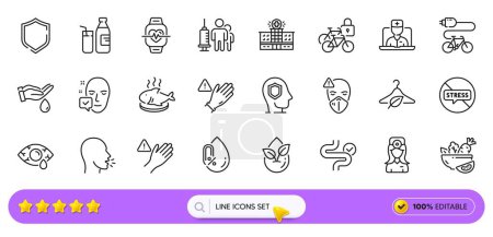 Illustration for Use gloves, Slow fashion and Medical vaccination line icons for web app. Pack of Bicycle lockers, Salad, Organic product pictogram icons. Telemedicine, Wash hands, Digestion signs. Search bar. Vector - Royalty Free Image