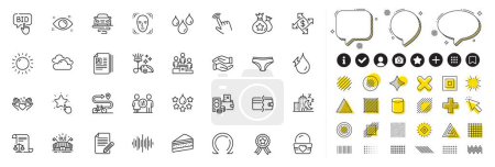 Set von Radweg-, Routen- und Gesichtserkennungszeilensymbolen für die Web-App. Gestaltungselemente, Social-Media-Symbole. Wasserkraft, Cursor, Bid bieten Symbole. Zahlungsmethoden, Wasserdicht, Artikelzeichen. Vektor