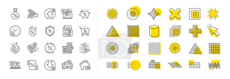 Illustration for Set of Investment, Interest rate and Percentage diagram linear icons. Design shape elements. Loan line icons. Car leasing, analytics plan, Credit card percent and loan rate. Vector - Royalty Free Image