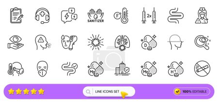 Illustration for Apartment insurance, Health eye and Intestine line icons for web app. Pack of Electronic thermometer, Cough, Stress pictogram icons. Nurse, Coronavirus lungs, Vitamin d signs. Search bar. Vector - Royalty Free Image