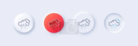 Téléchargez les illustrations : Icône de ligne météo pluvieuse. Neumorphique, dégradé rouge, boutons broches 3d. Nuages avec signe de pluie. Symbole ciel nuageux. Icônes de ligne. Boutons neumorphes avec signes de contour. Vecteur - en licence libre de droit