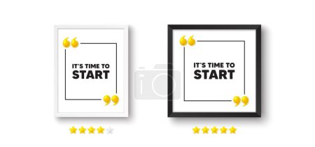 Illustration for Photo frame with 3d quotation icon. It is time to start tag. Special offer sign. Advertising discounts symbol. Time to start chat message. Picture frame wall. 3d comma quotes. Vector - Royalty Free Image