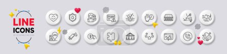 Illustration for Call center, Carousels and Cholecalciferol line icons. White buttons 3d icons. Pack of Serum oil, Internet warning, Women headhunting icon. Seo marketing, Coffee break, Smile chat pictogram. Vector - Royalty Free Image