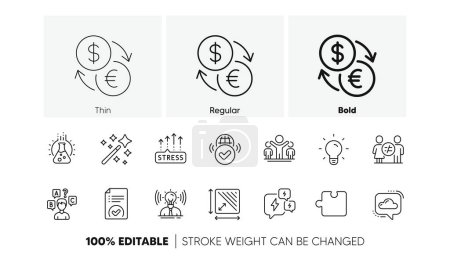 Illustration for Stress, Quiz test and Currency exchange line icons. Pack of Magic wand, Square area, Light bulb icon. Winner, Discrimination, Chemistry lab pictogram. Brand, Cloud communication, Puzzle. Vector - Royalty Free Image