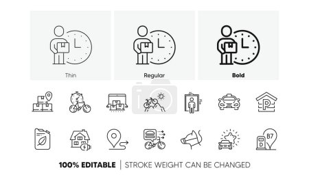 Illustration for Diesel station, Mountain bike and Delivery man line icons. Pack of Car review, Journey, Elevator icon. Food delivery, Home charging, Parking pictogram. Bike timer, Online storage, Dog leash. Vector - Royalty Free Image