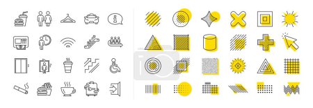 Elevator, Cloakroom and Taxi icons. Design shape elements. Public Services, Wifi line icons. Exit, ATM and Escalator. Wifi, Lift or elevator, Restaurant food. Vector