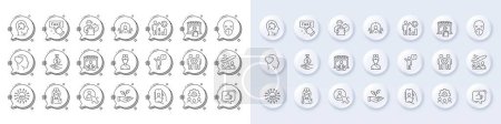 Illustration for Like, Doctor and Passenger line icons. White pin 3d buttons, chat bubbles icons. Pack of Friend, User call, Delivery market icon. Employees teamwork, Medical mask, Fake information pictogram. Vector - Royalty Free Image