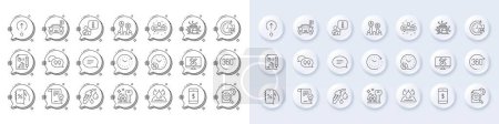 Illustration for Time change, Recruitment and 360 degrees line icons. White pin 3d buttons, chat bubbles icons. Pack of Waterproof, Seo stats, Swipe up icon. Vector - Royalty Free Image