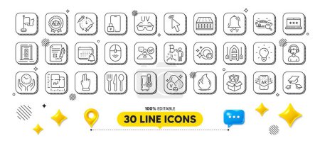 Reject file, Search car and Lock line icons pack. 3d design elements. Light bulb, Door, Cursor web icon. Consultant, Bribe, Refrigerator pictogram. Laptop password, Notification, Clock bell. Vector