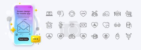 Ilustración de Flama del corazón, Corazón y Citas iconos de línea de aplicaciones para la aplicación web. Teléfono pantalla de gradiente maqueta. Pack de amor, charla romántica, iconos de pictograma de cartas de amor. Sean buenos, Genders, signos de San Valentín. Vector - Imagen libre de derechos