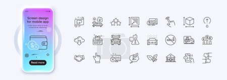 Ilustración de Iconos de línea de tarjetas Leaves, Warning y Loyalty para la aplicación web. Teléfono pantalla de gradiente maqueta. Pack de No fumar, tipo de cambio, iconos del pictograma del coche. Vector - Imagen libre de derechos