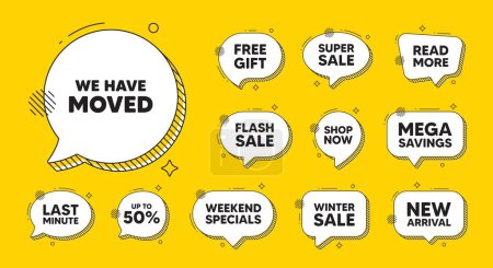 Illustration for Offer speech bubble icons. We have moved. Move new address sign. Place relocate symbol. We have moved chat offer. Speech bubble discount banner. Text box balloon. Vector - Royalty Free Image