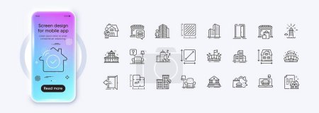 Delivery man, Lounge and Lease contract line icons for web app. Phone mockup gradient screen. Pack of Buildings, Food delivery, Arena pictogram icons. Vector