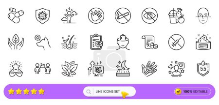 Illustration for Leaf, Mental conundrum and Juice line icons for web app. Pack of Veterinary clinic, Face recognition, Fair trade pictogram icons. Best glasses, Capsule pill, Medical prescription signs. Vector - Royalty Free Image