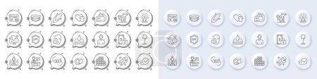 Illustration for Clothing, 5g internet and Painter line icons. White pin 3d buttons, chat bubbles icons. Pack of Paint brush, Wholesale inventory, Card icon. Spf protection, Corn, Dishes pictogram. Vector - Royalty Free Image
