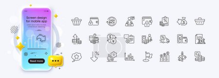 Tax document, Job and Delivery discount line icons for web app. Phone mockup gradient screen. Pack of Block diagram, Wallet money, Shopping basket pictogram icons. Vector