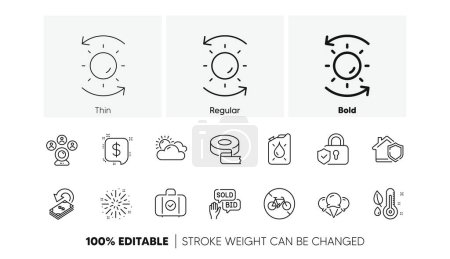 Carry-on baggage, Bicycle prohibited and Fireworks explosion line icons. Pack of Thermometer, Ice creams, Bid offer icon. Cashback, Adhesive tape, Canister pictogram. Security lock. Line icons. Vector