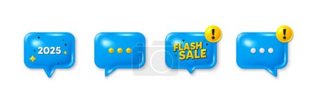 Offer speech bubble 3d icons. 2025 year icon. Event schedule annual date. 2025 annum planner. 2025 chat offer. Flash sale, danger alert. Text box balloon. Vector