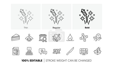 Idea lamp, Court judge and Magnesium mineral line icons. Pack of Fireworks rocket, Best market, Video conference icon. Flight time, Copyright laptop, Megaphone box pictogram. Waterproof. Vector