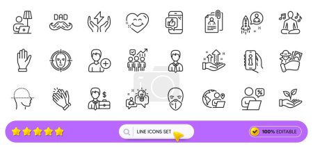 Illustration for Fraud, Startup and Helping hand line icons for web app. Pack of Business statistics, Add person, Medical mask pictogram icons. Safe energy, Face scanning, Analysis graph signs. Search bar. Vector - Royalty Free Image