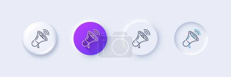 Illustration for Megaphone line icon. Neumorphic, Purple gradient, 3d pin buttons. Offer loudspeaker sign. Sale promotion symbol. Line icons. Neumorphic buttons with outline signs. Vector - Royalty Free Image