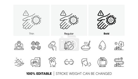 Eyeglasses, Skin care and Bike app line icons. Pack of Telemedicine, Bicycle, Dumbbells icon. Leaf dew, Capsule pill, Porridge pictogram. Toilet paper, Wash hand, Bike path. Stress. Line icons. Vector