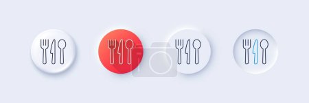 Illustration for Food line icon. Neumorphic, Red gradient, 3d pin buttons. Cutlery sign. Fork, knife, spoon symbol. Line icons. Neumorphic buttons with outline signs. Vector - Royalty Free Image