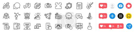 Illustration for Video conference, Creative idea and Presentation line icons pack. Social media icons. Justice scales, Lightning bolt, Recovery photo web icon. Vector - Royalty Free Image