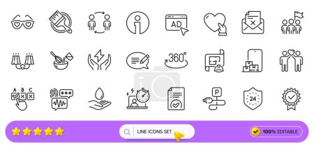 Certificate, Water care and 24 hours line icons for web app. Pack of Sconce light, Biometric security, Correct checkbox pictogram icons. Approved document, Volunteer, Ad signs. Info. Vector