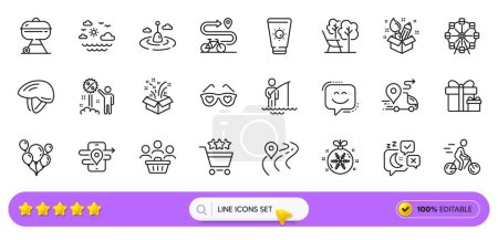 Illustration for Love glasses, Ferris wheel and Surprise package line icons for web app. Pack of Shopping rating, Fisherman, Smile face pictogram icons. Buyers, Deckchair, Travel sea signs. Grill, Gps. Vector - Royalty Free Image