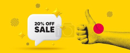 Illustration for Hand showing thumb up like sign. Sale 20 percent off discount. Promotion price offer sign. Retail badge symbol. Sale chat box 3d message. Grain dots hand. Like thumb up sign. Vector - Royalty Free Image