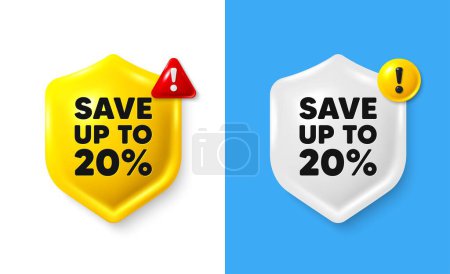 Illustration for Save up to 20 percent tag. Shield 3d banner with text box. Discount Sale offer price sign. Special offer symbol. Discount chat protect message. Shield speech bubble banner. Danger alert icon. Vector - Royalty Free Image