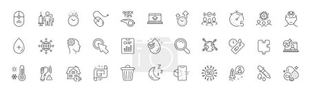 Illustration for Chemistry pipette, Time management and Engineering line icons. Pack of Online chemistry, Time, Tutorials icon. Medical vaccination, Report document, Puzzle pictogram. Line icons. Vector - Royalty Free Image