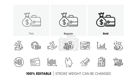 Deflation, Stress and Salary line icons. Pack of Coins bag, Dot plot, Budget icon. Budget profit, Bribe, Donation money pictogram. Credit card, Diagram chart, Accounting. Cyber attack. Vector