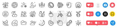 Fairer Handel, Sojabohnen und Bakterien sind Symbole. Symbole der sozialen Medien. Wassertropfen, Öko-Lebensmittel, Mondsterne. Kirsche, Windiges Wetter, Öko-Energie-Piktogramm. See, Weihnachtsbaum, Schlaflosigkeit. Vektor