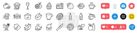 Illustration for Water bottle, Cupcake and Romantic dinner line icons pack. Social media icons. Coffee delivery, Coffee cup, Ice cream web icon. Knife, Grilled sausage, Popcorn pictogram. Vector - Royalty Free Image