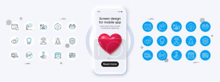 Illustration for Phone mockup with 3d heart icon. Online payment, Market location and Business target line icons. Pack of No smoking, Time hourglass, Calendar icon. Yoga, Household service, Idea pictogram. Vector - Royalty Free Image
