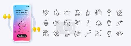 Whiskeyflasche, Cafe Creme und Carrot Line Symbole für Web-App. Phone mockup gradient screen. Packung Kaffeepause, Eis, Salatpiktogramme. Grill, Kartoffelchips, Diätmenüs. Vektor